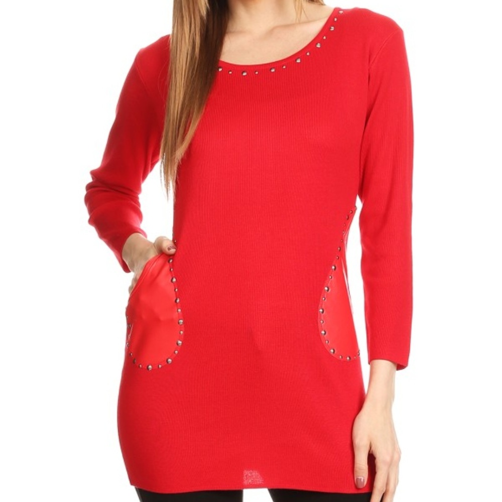 Tunic Top with Faux Leather Pockets